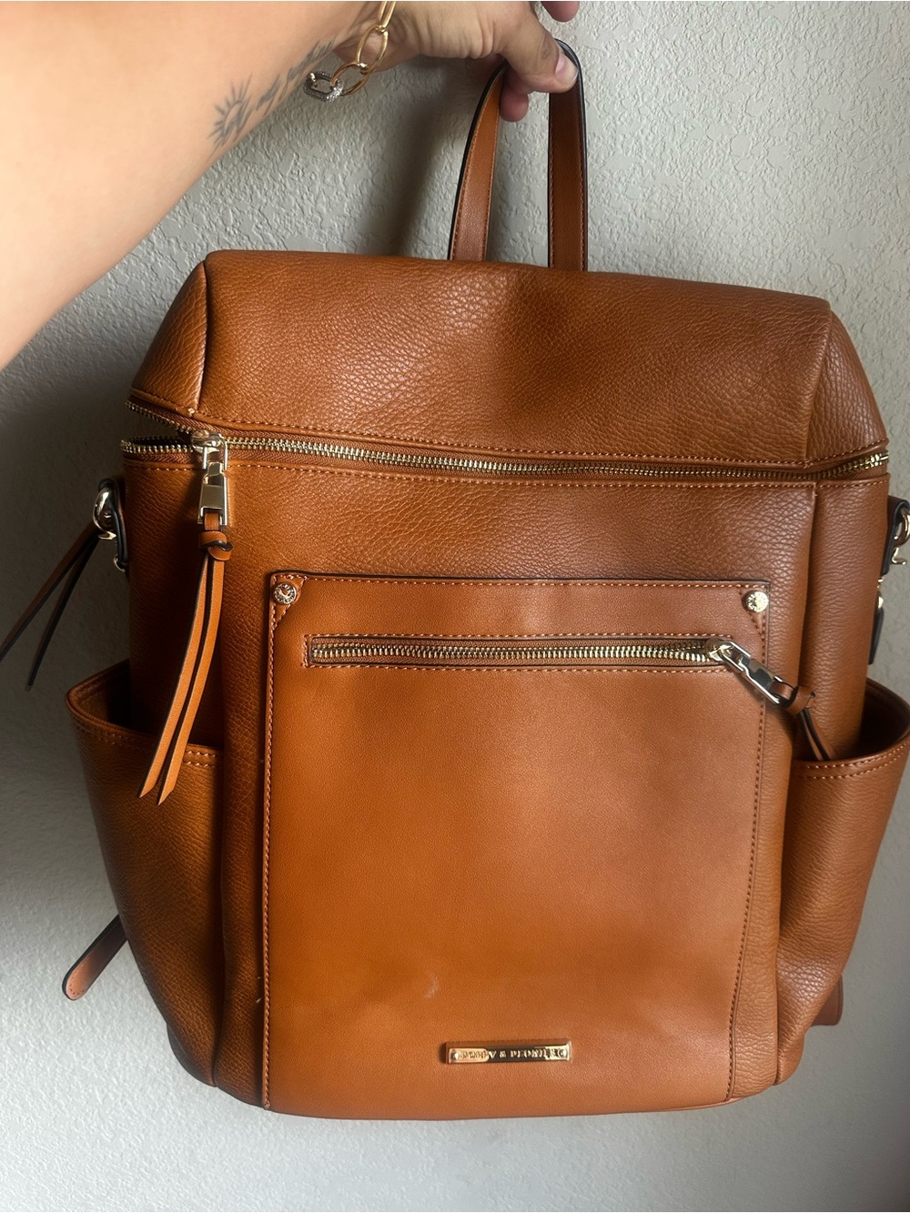 Poppy & Peonies Cognac Leather Backpack Tote